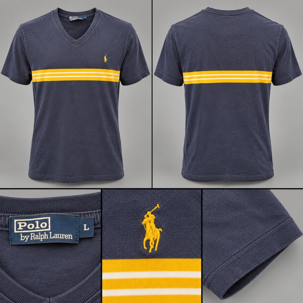 Vintage Polo Ralph Lauren Shirt Mens L Blue Yellow Striped V-Neck Pony Logo USA